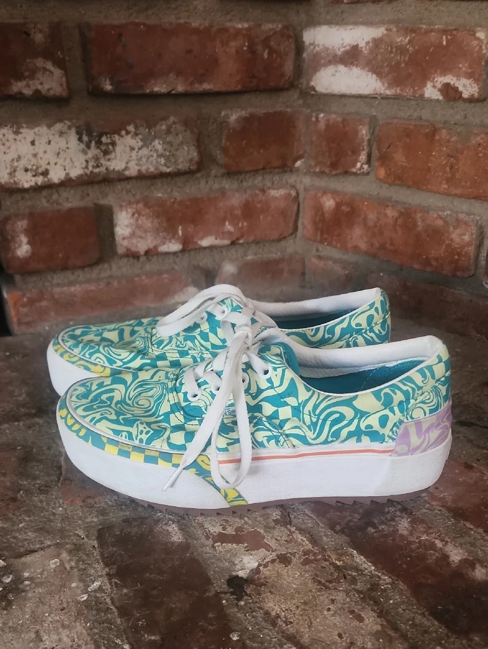 Vans Platform Teal Floral Pattern Sneakers Women Low Top Lace Up Skate Shoes Y2K